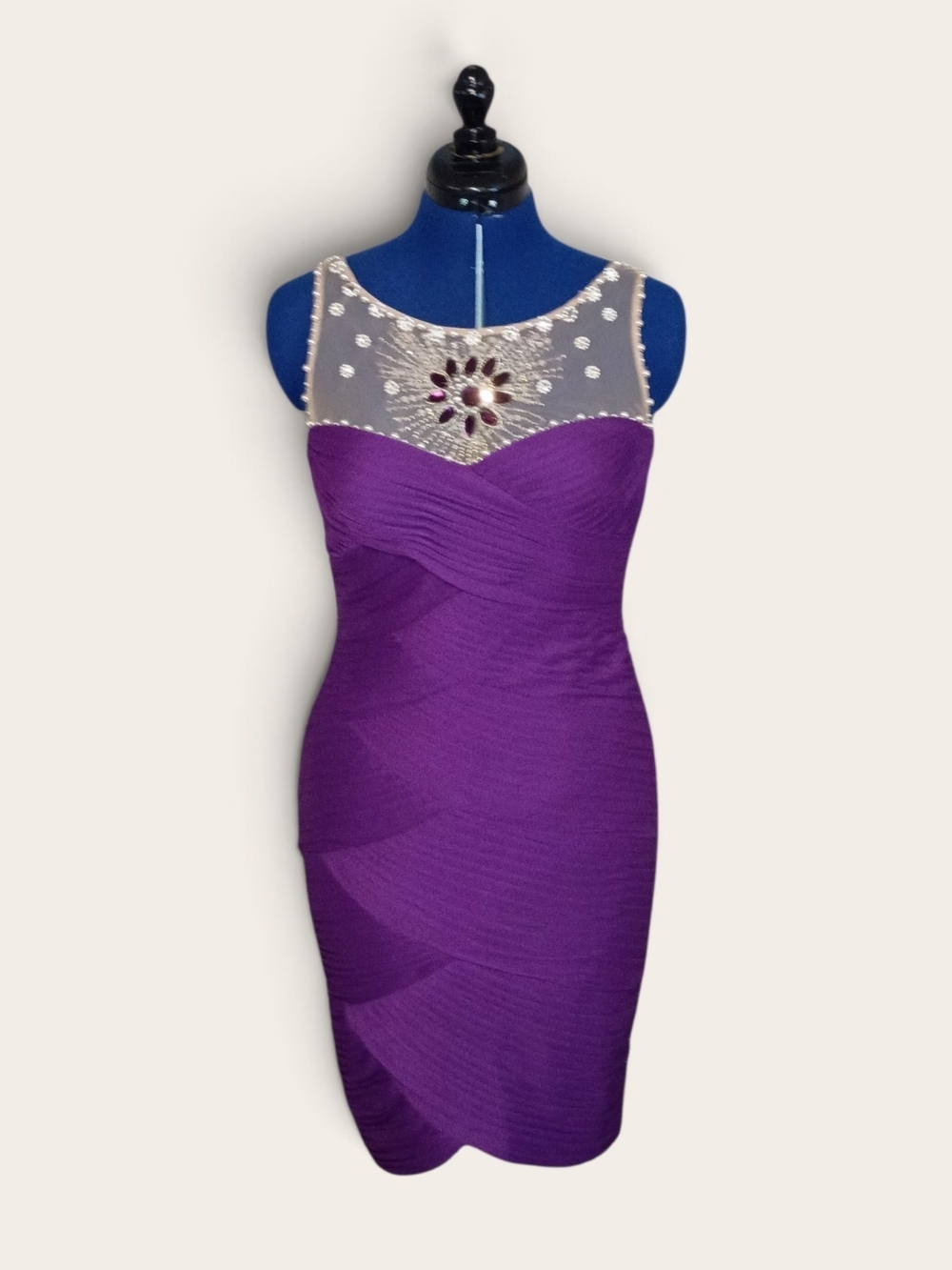 Adrianna Papell Purple Embellished Illusion Midi Dress